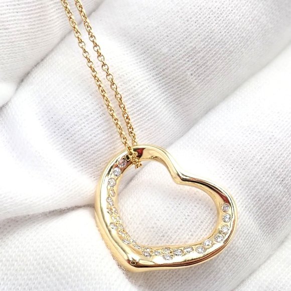 Authentic! Tiffany & Co Elsa Peretti 18k Yellow Gold Diamond Open Heart Necklace - Picture 3 of 10